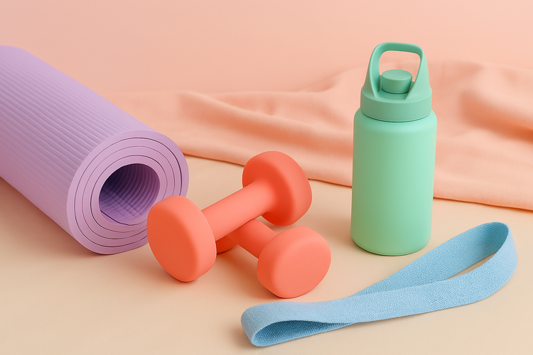 Stylish fitness and wellness gear including yoga mat, dumbbells, water bottle, and resistance band – Cartably.store collection