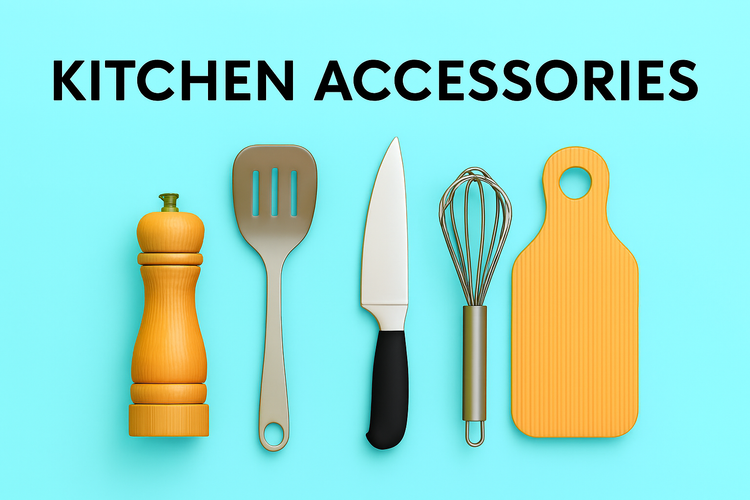 Essential home and kitchen tools including pepper mill, spatula, chef’s knife, whisk, and cutting board on a light blue background – Cartably.store collection