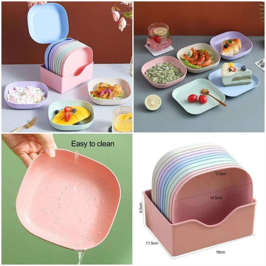 ⭐⭐⭐⭐⭐ (63+ Reviews) 🍽️ 10Pcs Stylish Plates Set + Holder | Random Colors 🎨