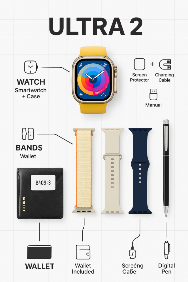 S200 Smart Watch – Full Display with 4 Straps, Wallet & Protective Cover