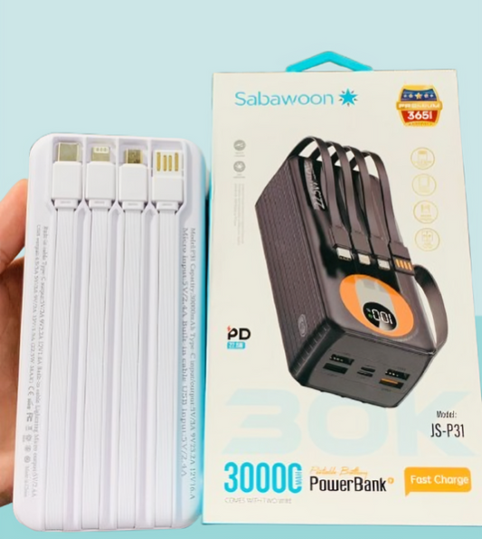 ⭐⭐⭐ (36+ Reviews)⚡ Sabawoon 30000mAh Power Bank – 4-in-1 Fast Charging Beast